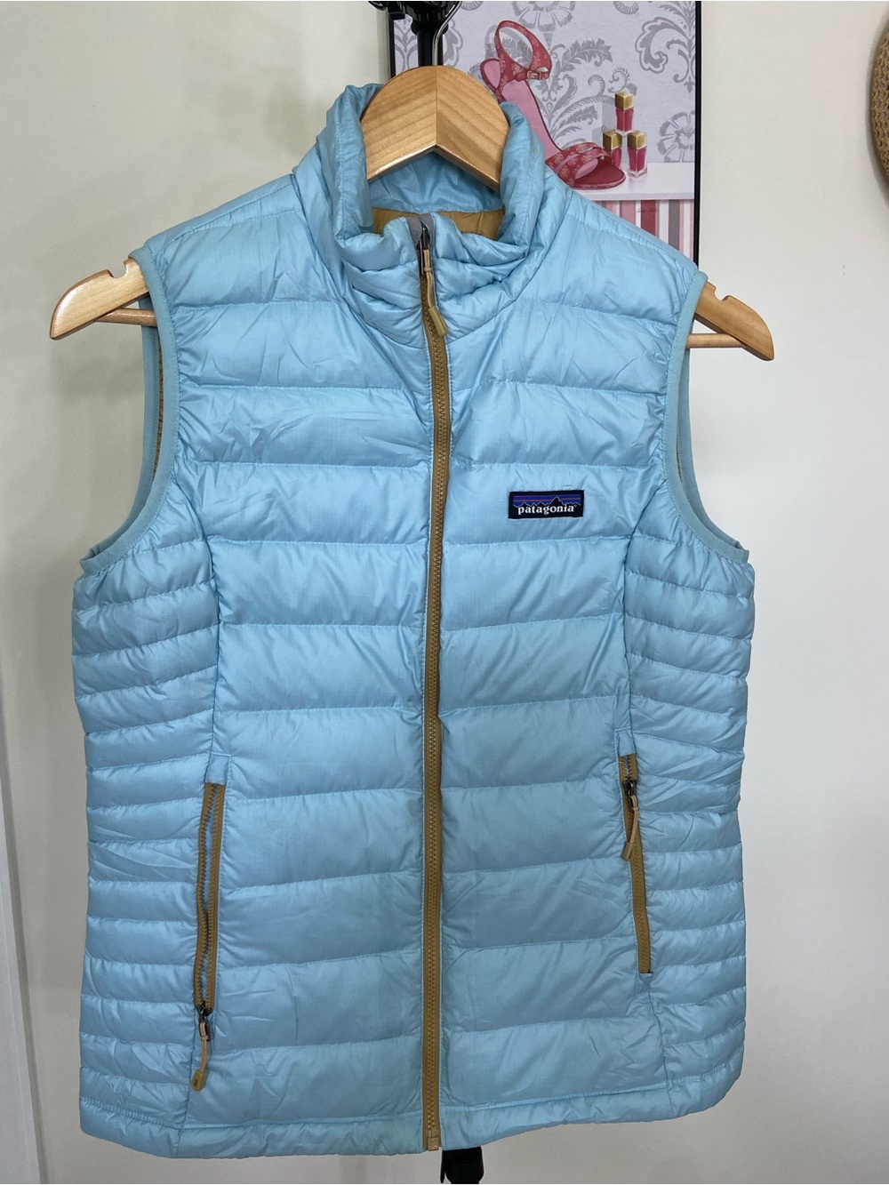 Patagonia Powder Blue Quilted Down Vest with Tan Trim